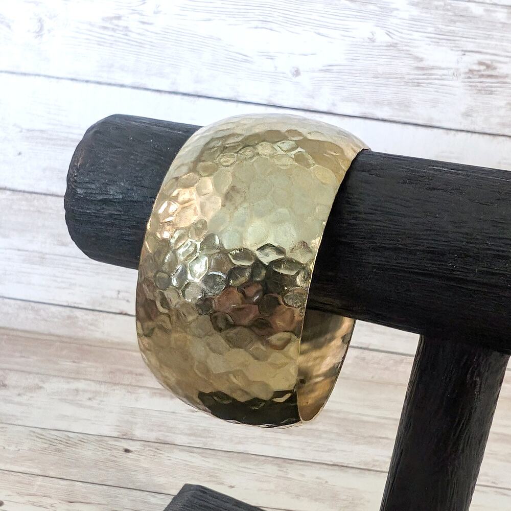 Vintage Bracelet Chunky & Wide Hammered Pattern Gold Tone - Fair Condition